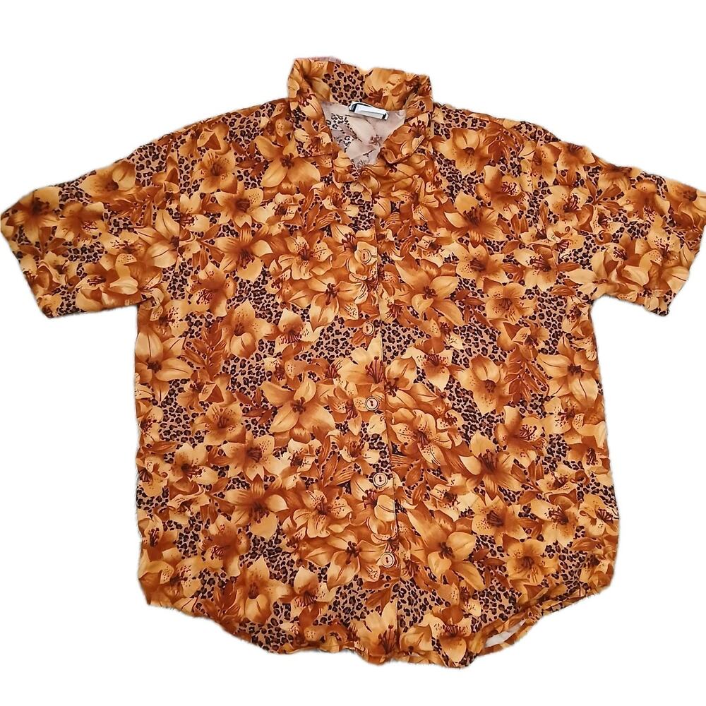 Vtg TAG Women's Size L Hawaiian Camp Shirt Orange Floral Leopard Print Button‎